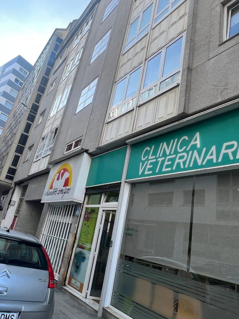 Fachada de la Clínica Veterinaria Nuestros Amigos vista desde la acera, con el rótulo del arco sobre la entrada